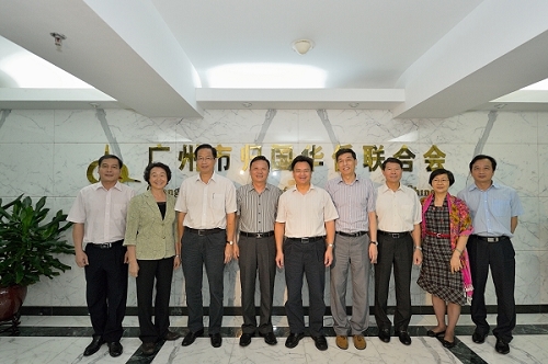 省委常委、市委书记万庆良(左5），市委常委、市委统战部部长陈明德(左3）和市侨联党组班子成员合影